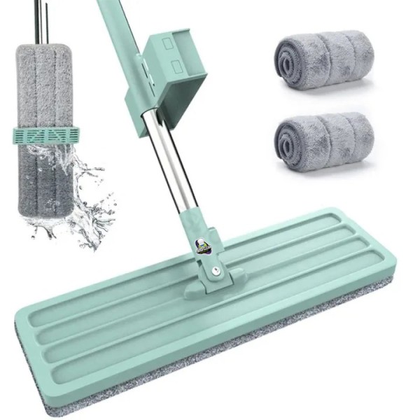Free Hand Flat Mop with Self‑Wringing System – 360° Rotating Cleaning Mop with 2 Microfiber Pads for Home & Floor Cleaning