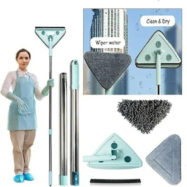 3 in 1 Triangle Mop – Multifunctional Rotating Floor & Glass Cleaning Mop with Extendable Handle, Wiper & Washable Pads
