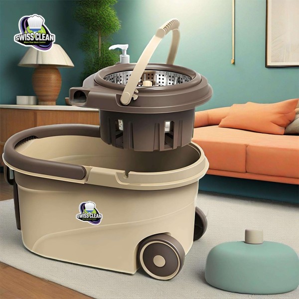 2 Wheel Spin Mop – Dual Wheel Bucket, 360° Rotating Stainless Steel Basket, Easy Floor Cleaning System