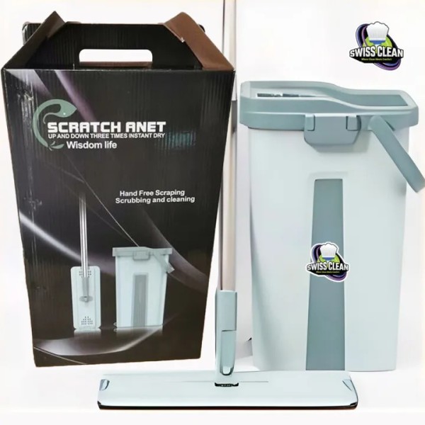 Scratch Mop and Bucket Set – Self Cleaning Flat Mop with 360° Rotating Head, Double Chamber Bucket, Hands‑Free Drying