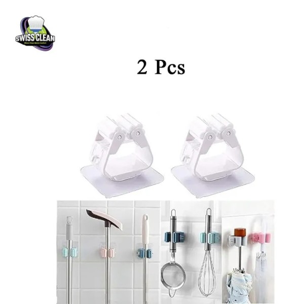 Swiss Clean Mop Holder (2 Pcs) – Wall Mounted Broom & Mop Organizer, Heavy‑Duty Adhesive Hook for Home & Bathroom
