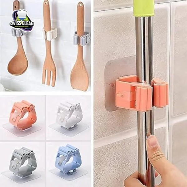 Swiss Clean Mop Holder (2 Pcs) – Wall Mounted Broom & Mop Organizer, Heavy‑Duty Adhesive Hook for Home & Bathroom