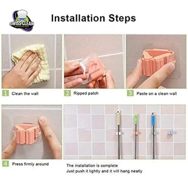 Swiss Clean Mop Holder (2 Pcs) – Wall Mounted Broom & Mop Organizer, Heavy‑Duty Adhesive Hook for Home & Bathroom