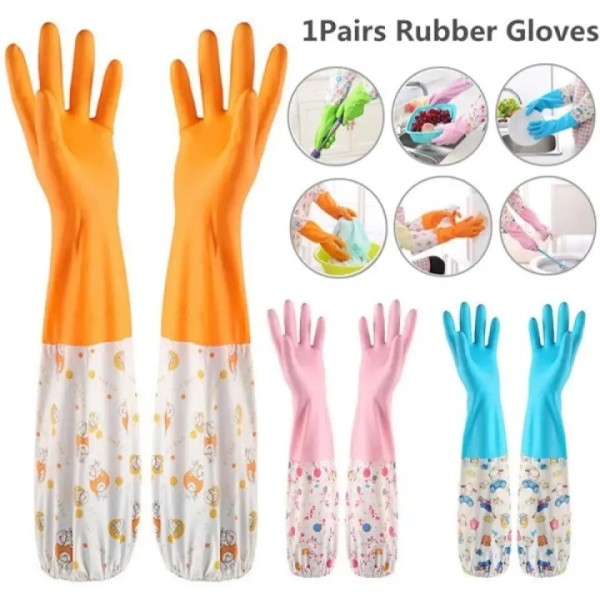 Silicone Long Hand Gloves – Waterproof Rubber Cleaning Gloves with Extended Sleeve, Kitchen & Household Use
