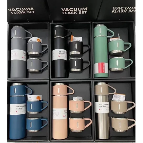 3 in 1 Coffee Cup Set – Portable Stainless Steel Vacuum Flask with 2 Cups, 500ml Thermal Bottle for Travel & Office