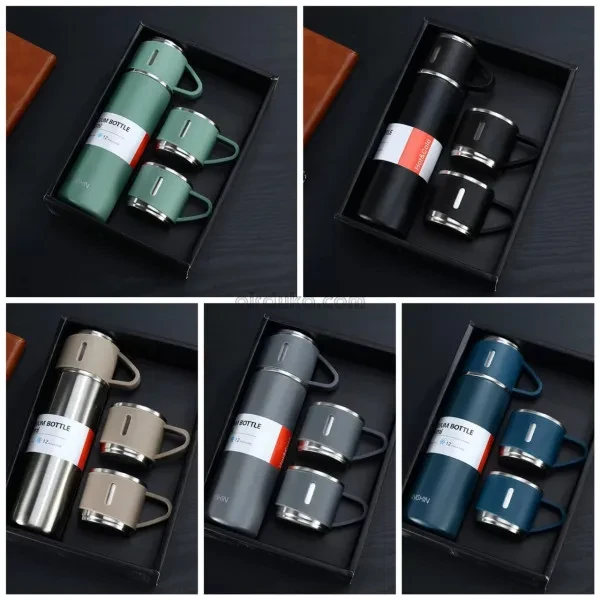 3 in 1 Coffee Cup Set – Portable Stainless Steel Vacuum Flask with 2 Cups, 500ml Thermal Bottle for Travel & Office
