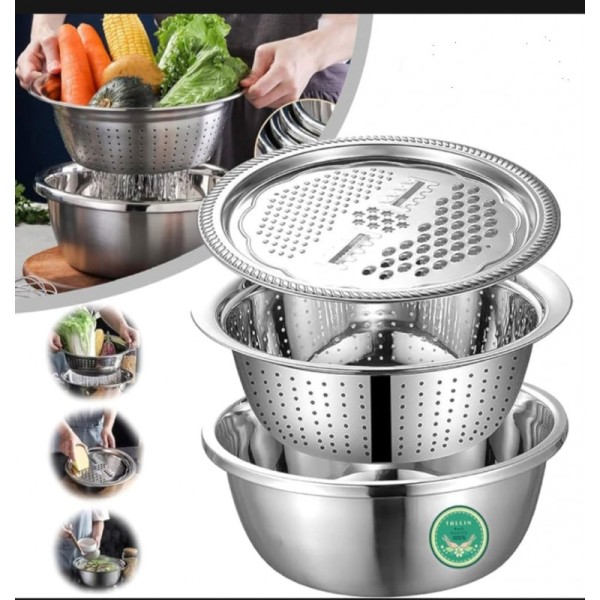 3 in 1 Stainless Steel Basket Vegetable Cutter – Multifunctional Kitchen Grater, Strainer & Mixing Bowl Set