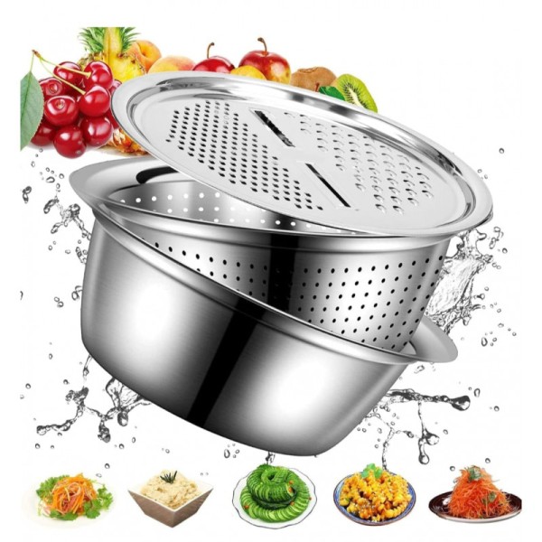 3 in 1 Stainless Steel Basket Vegetable Cutter – Multifunctional Kitchen Grater, Strainer & Mixing Bowl Set