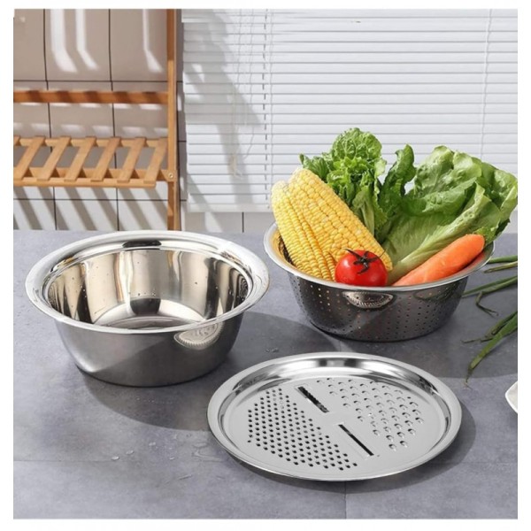 3 in 1 Stainless Steel Basket Vegetable Cutter – Multifunctional Kitchen Grater, Strainer & Mixing Bowl Set