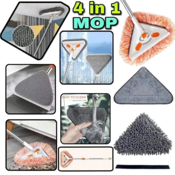 4 in 1 Triangle Mop – Rotating Multi-Functional Floor, Wall & Glass Cleaning Mop with Washable Pads and Extendable Handle