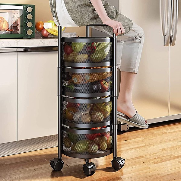 4 Layer Round Storage Rack – Multi-Layer Rotating Kitchen Organizer with Wheels for Fruits, Vegetables & Home Use