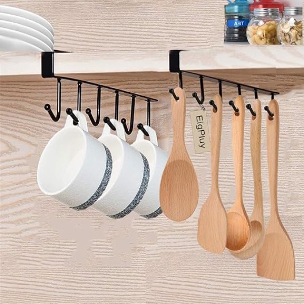 6 in 1 Cup Holder Rack – Under Shelf Iron Hook Rack for Cups, Mugs & Kitchen Utensil Organizer