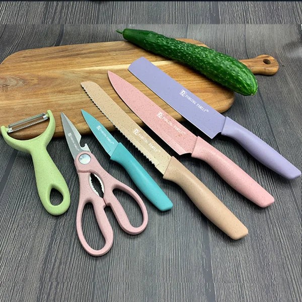 Premium 6-Piece Non-Stick Colorful Kitchen Knife Set - High Carbon Stainless Steel Knife Set with Scissors & Peeler