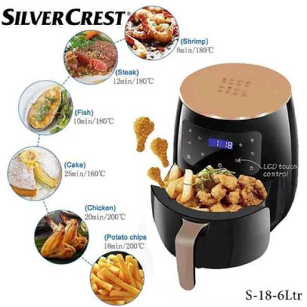 Silver Crest Air Fryer 6L S-18,6 Liter Digital Air Fryer with LED Display,Oil-Free Healthy Air Fryer, Non-Stick Basket with Touch Control for Home & Kitchen