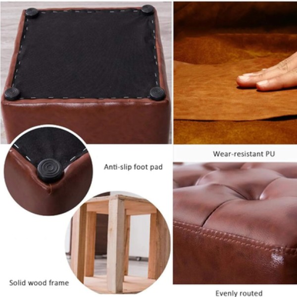 Square Stool Brown ,Ottoman Foot Stool with Tufted Cushion, PU Leather Square Ottoman for Living Room, Bedroom & Office, Modern Footrest & Extra Seating Stool