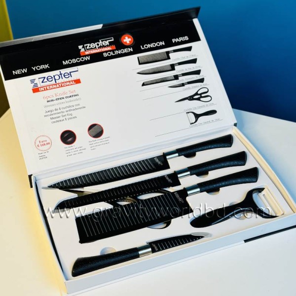 Zepter Knife 6 psc Set , 6 Pieces Black Knife Set with Scissors & Peeler, Swiss Quality Kitchen Knife Set,Chef Knife, Bread Knife, Utility Knife, Paring Knife, Scissors & Peeler