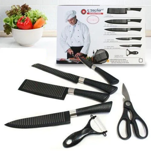Zepter Knife 6 psc Set , 6 Pieces Black Knife Set with Scissors & Peeler, Swiss Quality Kitchen Knife Set,Chef Knife, Bread Knife, Utility Knife, Paring Knife, Scissors & Peeler