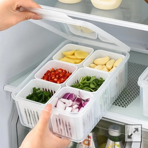 Refrigerator Storage Box 6 Grid,Fridge Organizer with Lid , Compartment Vegetable Storage Container,BPA-Free Plastic Fridge Organizer Box for Kitchen