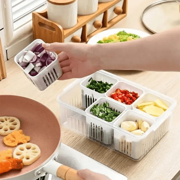 Refrigerator Storage Box 6 Grid,Fridge Organizer with Lid , Compartment Vegetable Storage Container,BPA-Free Plastic Fridge Organizer Box for Kitchen