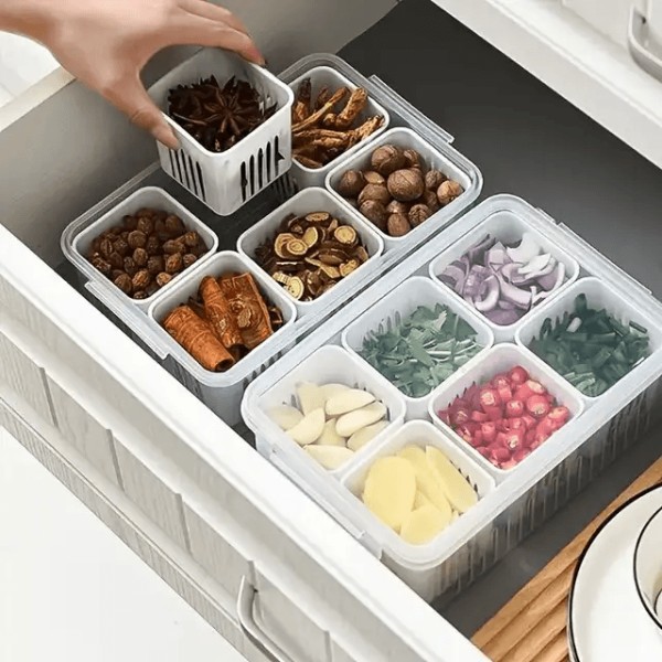Refrigerator Storage Box 6 Grid,Fridge Organizer with Lid , Compartment Vegetable Storage Container,BPA-Free Plastic Fridge Organizer Box for Kitchen