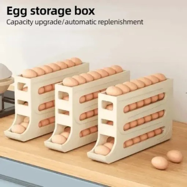 4 Layer Egg Storage Box Refrigerator  Storage Box, Refrigerator Egg Organizer with Auto Roll, 24-28 Eggs Capacity Dispenser,BPA-Free Plastic Egg Tray for Fridge