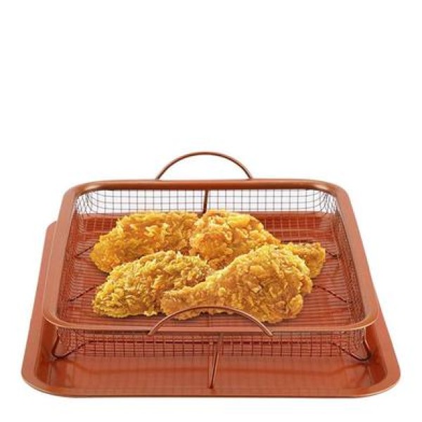 Copper Oven Air Fryer 2Pc Non-Stick-Square,2-Piece Non-Stick Baking Tray with Rack, Copper Square Oven Air Fryer for Chicken, Fries & Vegetables,Non-Stick Crisper Tray for Oven & Air Fryer