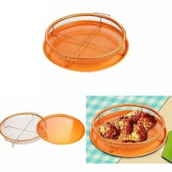Copper Oven Air Fryer Non-Stick-Round, Round Non-Stick Baking Tray with Rack,Copper Round Oven Air Fryer for Pizza, Chicken & Fries, Non-Stick Crisper Tray for Oven & Air Fryer