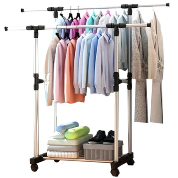 Portable Double‑Pole Cloth Rack  Small With Wheels,Small Clothes Rack with Wheels,Adjustable Garment Rack with Shoe Shelf ,Portable Closet Organizer for Home & Dorm