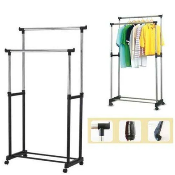 Portable Double‑Pole Cloth Rack  Small With Wheels,Small Clothes Rack with Wheels,Adjustable Garment Rack with Shoe Shelf ,Portable Closet Organizer for Home & Dorm