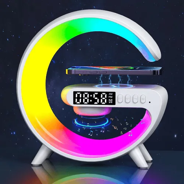 Multi-functional Smart G-Shape Table  Lamp with RGB Light,4-in-1 Wireless Charging Lamp with Bluetooth Speaker & Digital Clock,Smart Bedside Lamp with Phone Charger, Alarm Clock & Music Player, USB Rechargeable LED Night Light for Bedroom & Office