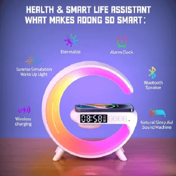 Multi-functional Smart G-Shape Table  Lamp with RGB Light,4-in-1 Wireless Charging Lamp with Bluetooth Speaker & Digital Clock,Smart Bedside Lamp with Phone Charger, Alarm Clock & Music Player, USB Rechargeable LED Night Light for Bedroom & Office