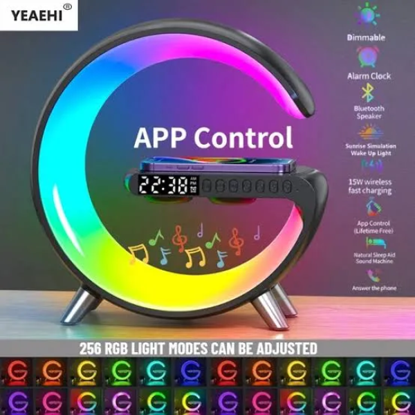 Multi-functional Smart G-Shape Table  Lamp with RGB Light,4-in-1 Wireless Charging Lamp with Bluetooth Speaker & Digital Clock,Smart Bedside Lamp with Phone Charger, Alarm Clock & Music Player, USB Rechargeable LED Night Light for Bedroom & Office