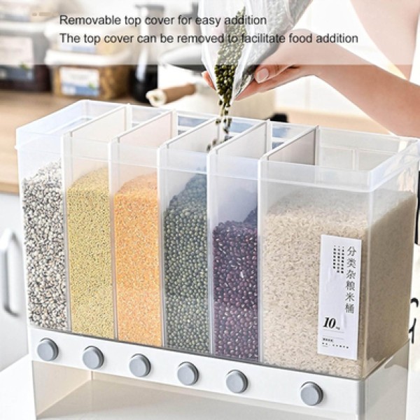 Wall-Mounted Multi-functional  Rice and Grain Dispenser (10L), 6-Compartment Grain Storage Container with Dispenser , 10L Multi-Grain Dispenser with Removable Lid ,Kitchen Rice & Dal Storage Organizer