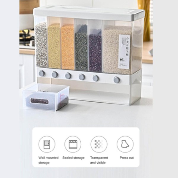 Wall-Mounted Multi-functional  Rice and Grain Dispenser (10L), 6-Compartment Grain Storage Container with Dispenser , 10L Multi-Grain Dispenser with Removable Lid ,Kitchen Rice & Dal Storage Organizer