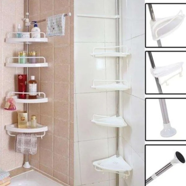 4 Layer Multi Corner Shelf A No-Drill Storage Solution,No-Drill Tension Pole Corner Storage Rack,4-Tier Bathroom Kitchen Corner Shelf with Towel Bars, Adjustable Height Corner Storage Solution,No-Drill Multi-Purpose Organizer