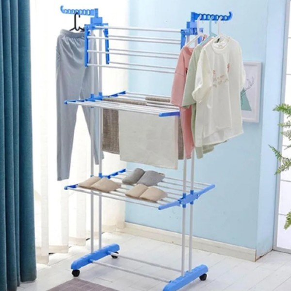 3‑Layer Cloth Rack With Wheels  – Large Capacity Rolling Stand, Large Capacity Rolling Clothes Drying Stand, 3-Tier Portable Garment Rack with Towel Bars,Foldable Laundry Drying Rack for Home & Balcony