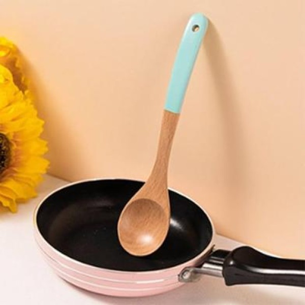 Durable Wooden Spoon For Cooking  And Stirring Multicolor 1 Pcs, Natural Wood Cooking Spoon with Colorful Handle , Non-Stick Safe Wooden Spoon for Cooking, Stirring & Serving,Heat Resistant Kitchen Spoon