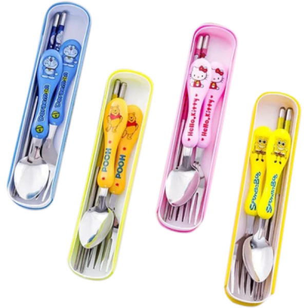 Ultimate Fun Mealtime Set For Kids  3 In 1 Spoon Fork And Chopstick Kit Multicolor,Kids Spoon Fork Chopstick Set with Case ,3-in-1 Kids Cutlery Set with Doraemon, Hello Kitty, Pooh & SpongeBob, Portable Kids Lunch Utensil Set with Travel Case