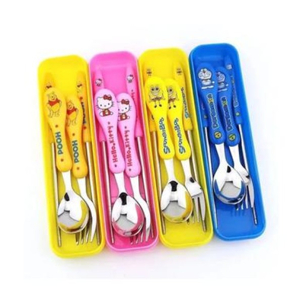 Ultimate Fun Mealtime Set For Kids  3 In 1 Spoon Fork And Chopstick Kit Multicolor,Kids Spoon Fork Chopstick Set with Case ,3-in-1 Kids Cutlery Set with Doraemon, Hello Kitty, Pooh & SpongeBob, Portable Kids Lunch Utensil Set with Travel Case