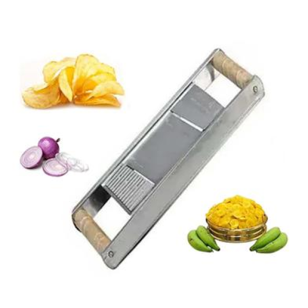Dual Blade Stainless Steel Vegetable Slicer 2 In 1 Cutter ,2-in-1 Vegetable Cutter with Wooden Handle , Stainless Steel Multi-Function Vegetable Slicer for Slicing & Julienne , Manual Kitchen Vegetable Cutter with Wood Grip