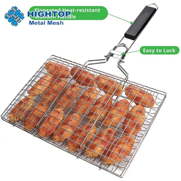 Stainless Steel BBQ Grill Basket  - Portable Locking Grilling Rack, Portable Locking Grilling Rack with Wooden Handle, Stainless Steel Mesh BBQ Grill Basket for Fish, Chicken, Vegetables & Meat,Heat Resistant Wooden Handle Grilling Rack