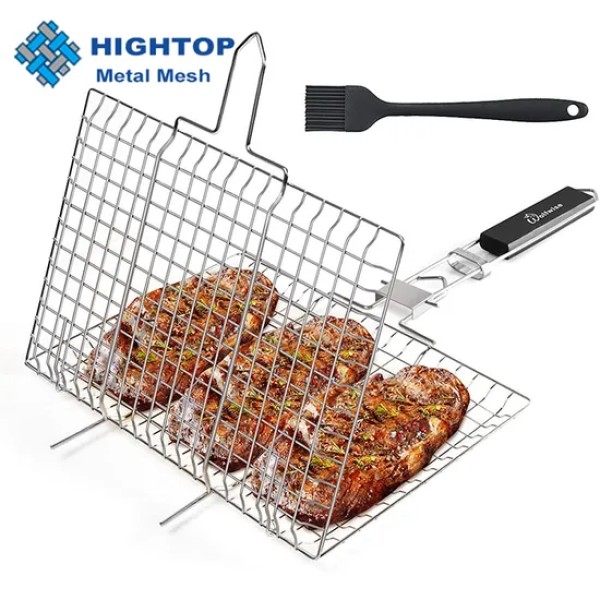 Stainless Steel BBQ Grill Basket  - Portable Locking Grilling Rack, Portable Locking Grilling Rack with Wooden Handle, Stainless Steel Mesh BBQ Grill Basket for Fish, Chicken, Vegetables & Meat,Heat Resistant Wooden Handle Grilling Rack