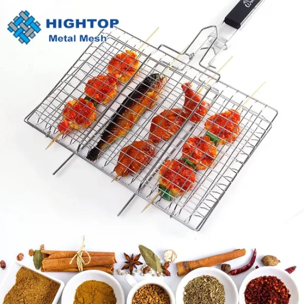 Stainless Steel BBQ Grill Basket  - Portable Locking Grilling Rack, Portable Locking Grilling Rack with Wooden Handle, Stainless Steel Mesh BBQ Grill Basket for Fish, Chicken, Vegetables & Meat,Heat Resistant Wooden Handle Grilling Rack