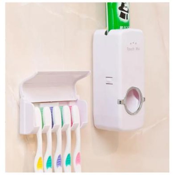 Automatic Toothpaste Dispenser Brush Holder, Wall Mount Toothbrush Holder with 5 Slots, Touch Me Automatic Toothpaste Squeezer ,Bathroom Organizer for Family