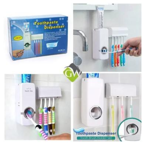 Automatic Toothpaste Dispenser Brush Holder, Wall Mount Toothbrush Holder with 5 Slots, Touch Me Automatic Toothpaste Squeezer ,Bathroom Organizer for Family