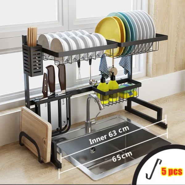 Stainless Steel Sink No-slip Drain Rack  Kitchen Shelf Organizer,Over Sink Dish Drying Rack with Utensil Holder, Multi-Layer Kitchen Sink Organizer with Plate Rack, Knife Holder & Cutting Board Stand, No-Slip Stainless Steel Dish Rack