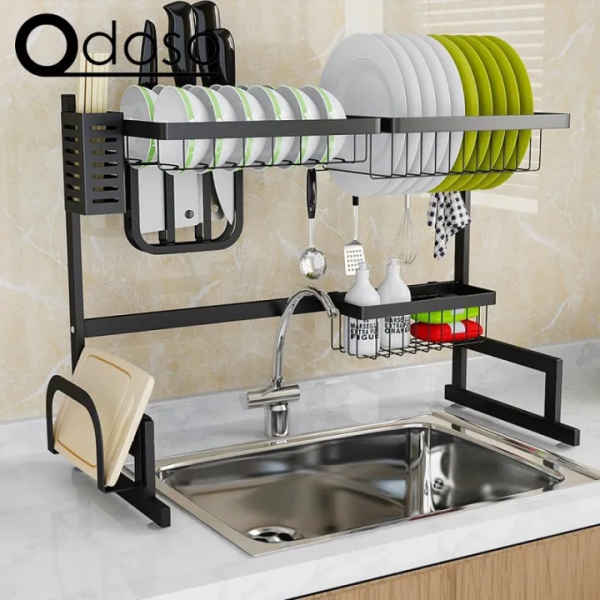 Stainless Steel Sink No-slip Drain Rack  Kitchen Shelf Organizer,Over Sink Dish Drying Rack with Utensil Holder, Multi-Layer Kitchen Sink Organizer with Plate Rack, Knife Holder & Cutting Board Stand, No-Slip Stainless Steel Dish Rack
