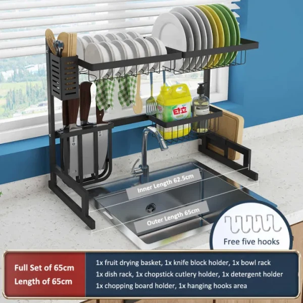 Stainless Steel Sink No-slip Drain Rack  Kitchen Shelf Organizer,Over Sink Dish Drying Rack with Utensil Holder, Multi-Layer Kitchen Sink Organizer with Plate Rack, Knife Holder & Cutting Board Stand, No-Slip Stainless Steel Dish Rack